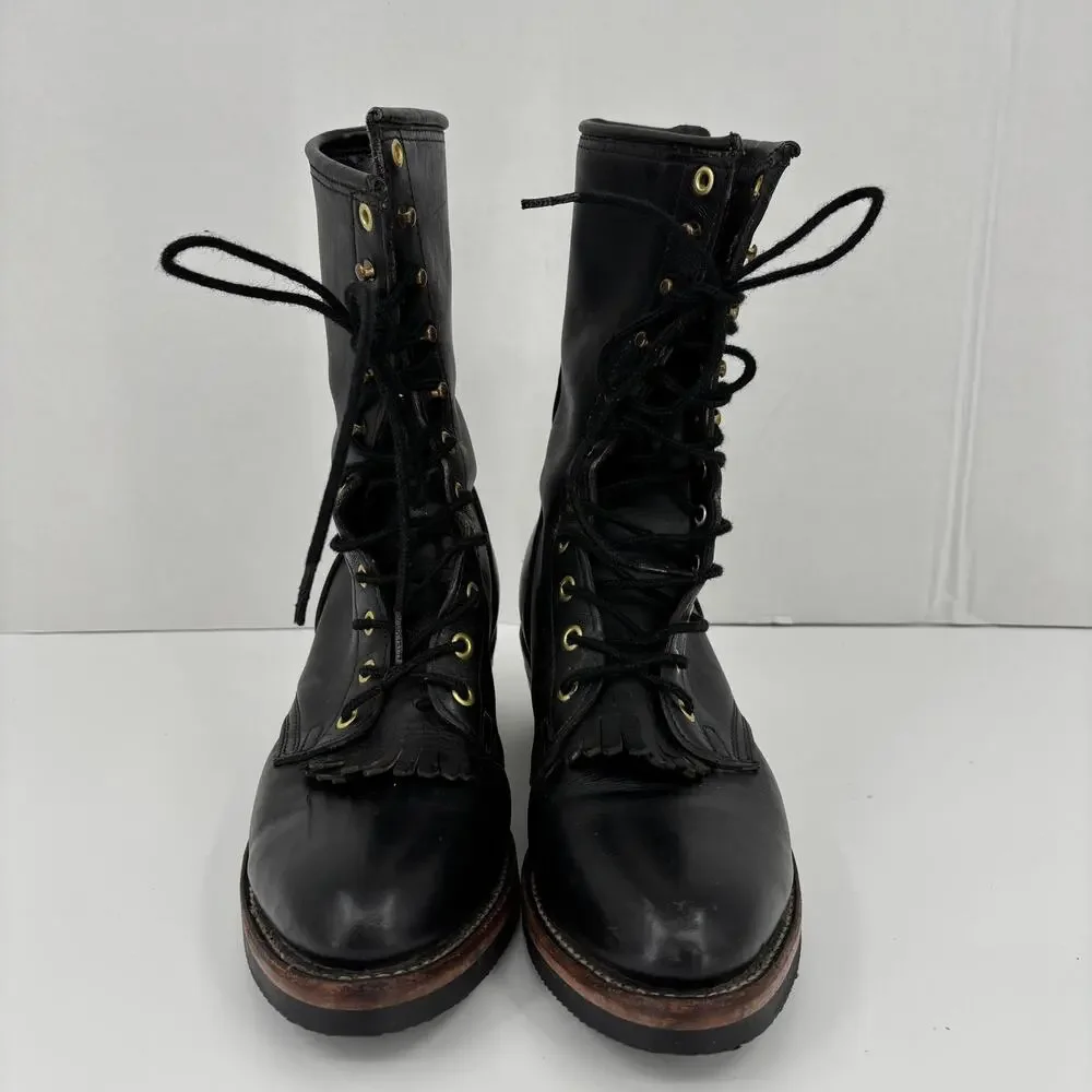 DD Tuff Roper Kiltie Lace Up Boots Mens Size 8 Black Leather Lace Up Vintage USA
